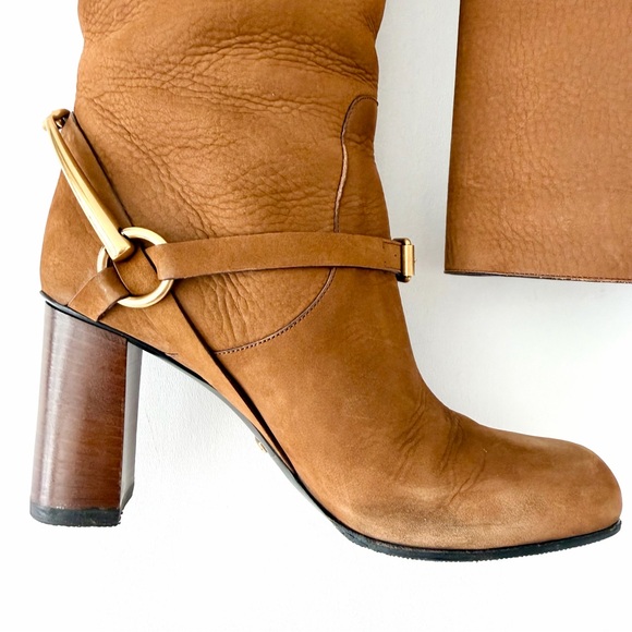 GUCCI | Vintage Brown Nubuck Horsebit Knee High Heel Boots Size 37 - Picture 12 of 16